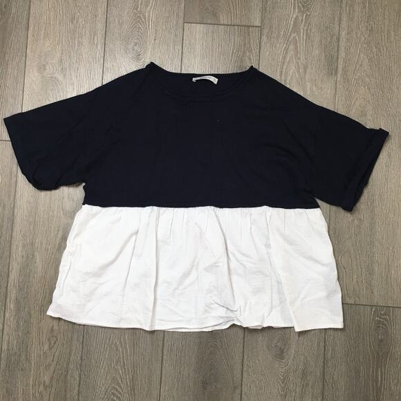 Zara Knit Short Sleeve Switching Navy Blue Shadow Stripe White S Ladies - Picture 1 of 9